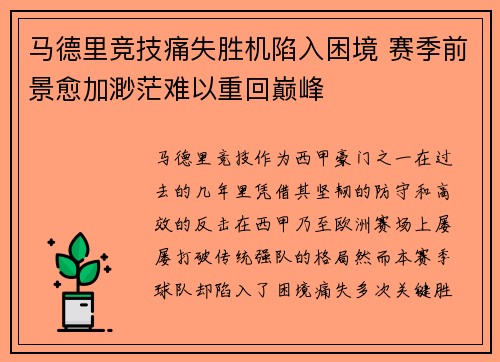 马德里竞技痛失胜机陷入困境 赛季前景愈加渺茫难以重回巅峰