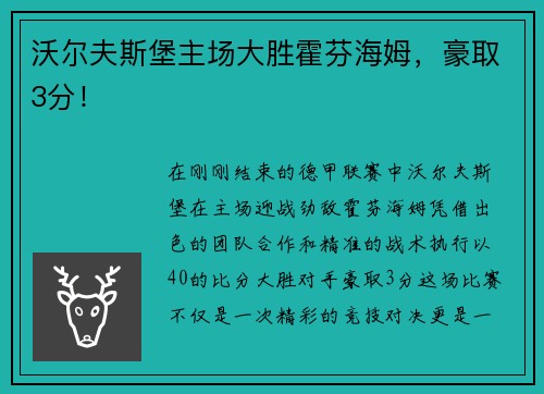 沃尔夫斯堡主场大胜霍芬海姆，豪取3分！