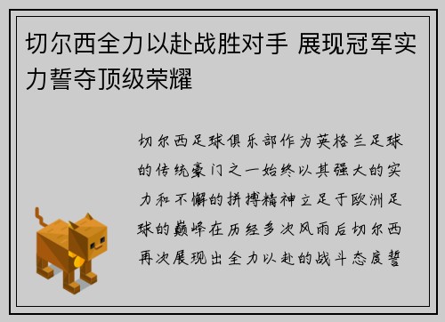 切尔西全力以赴战胜对手 展现冠军实力誓夺顶级荣耀