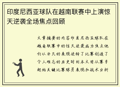 印度尼西亚球队在越南联赛中上演惊天逆袭全场焦点回顾