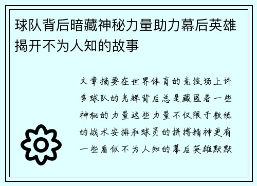 球队背后暗藏神秘力量助力幕后英雄揭开不为人知的故事