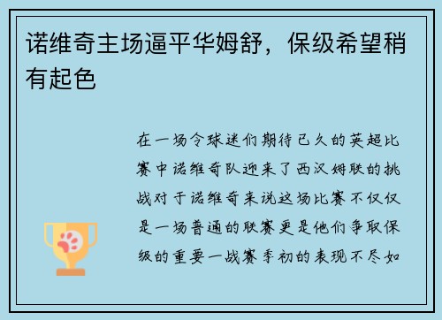 诺维奇主场逼平华姆舒，保级希望稍有起色