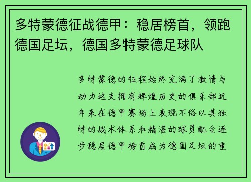 多特蒙德征战德甲：稳居榜首，领跑德国足坛，德国多特蒙德足球队