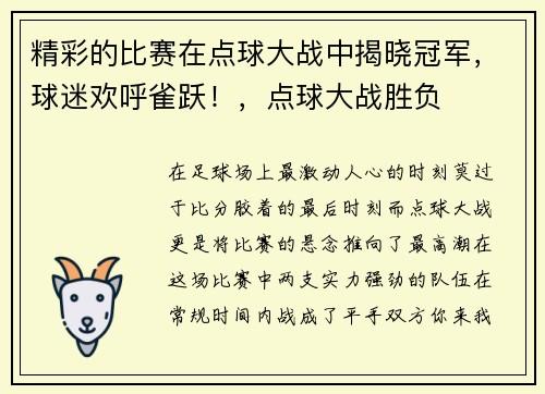 精彩的比赛在点球大战中揭晓冠军，球迷欢呼雀跃！，点球大战胜负