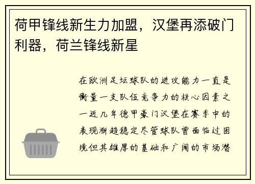 荷甲锋线新生力加盟，汉堡再添破门利器，荷兰锋线新星
