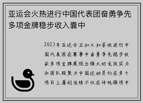 亚运会火热进行中国代表团奋勇争先多项金牌稳步收入囊中