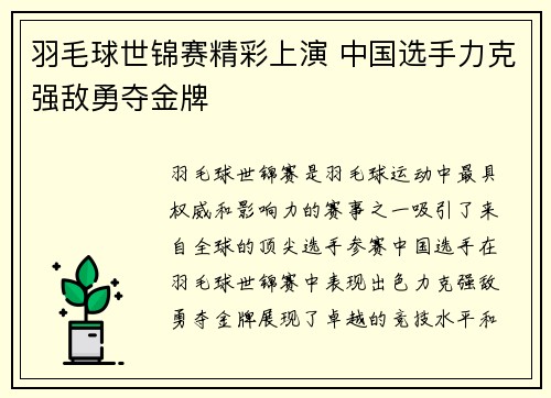 羽毛球世锦赛精彩上演 中国选手力克强敌勇夺金牌
