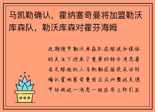 马凯勒确认，霍纳塞奇曼将加盟勒沃库森队，勒沃库森对霍芬海姆
